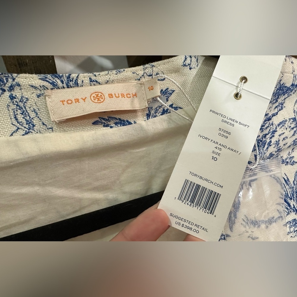 NWT Tory Burch Safari Printed Linen Shift Dress Ivory & Blue 10 - Picture 4 of 16
